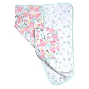 Cotton Baby Blanket Lovey Yellow Pink Rose Reversible Butterfly 27"x27" Stroller